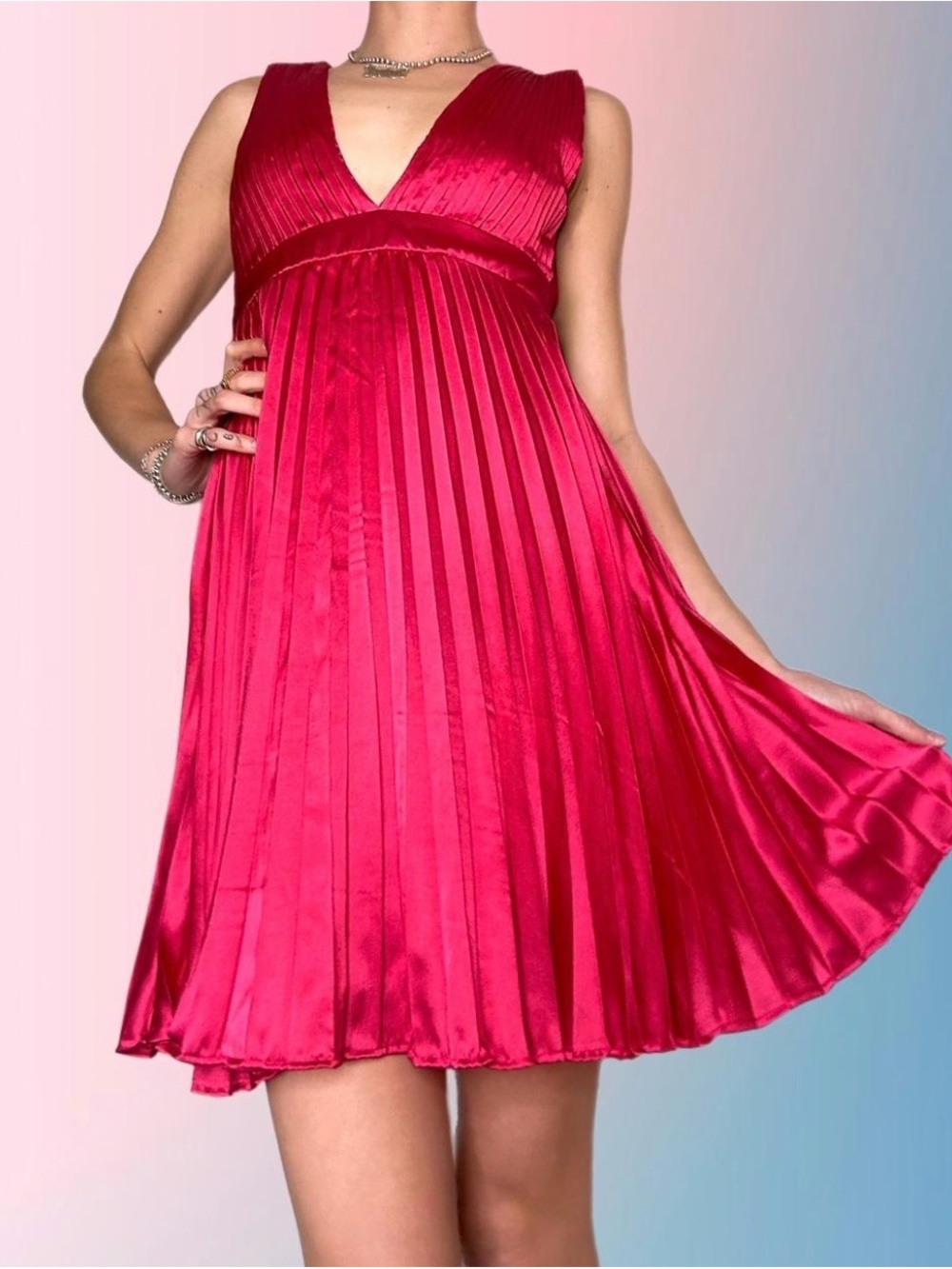 Pleated Satin V-Neck Mini Dress - Hot Pink